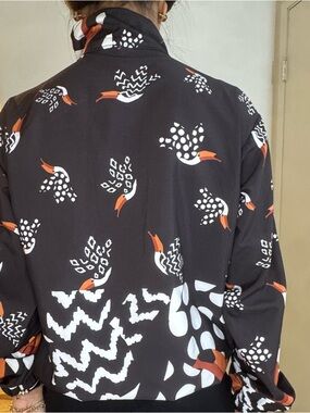 Black Printed Bomber Jacket with White & Orange Motif